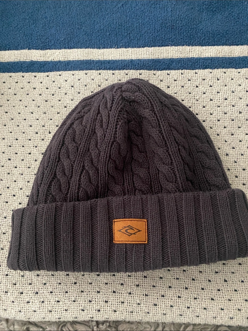 Rip Curl Dark Gray Cable Knit Beanie with Brown Leather Logo Patch